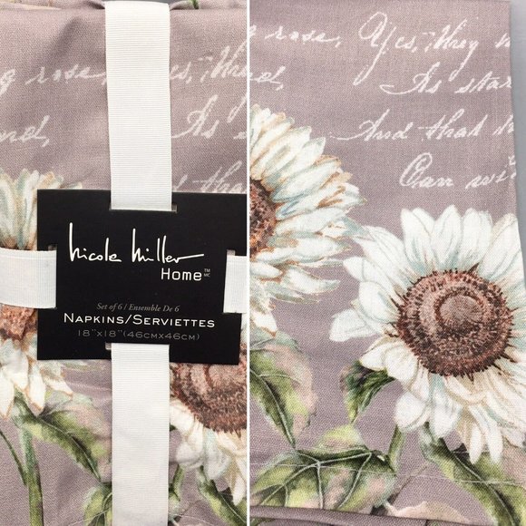 x6 Nicole Miller White Sunflower Script Fall Napkin Set Aqua Gray 18x18" Fabric - Picture 1 of 10